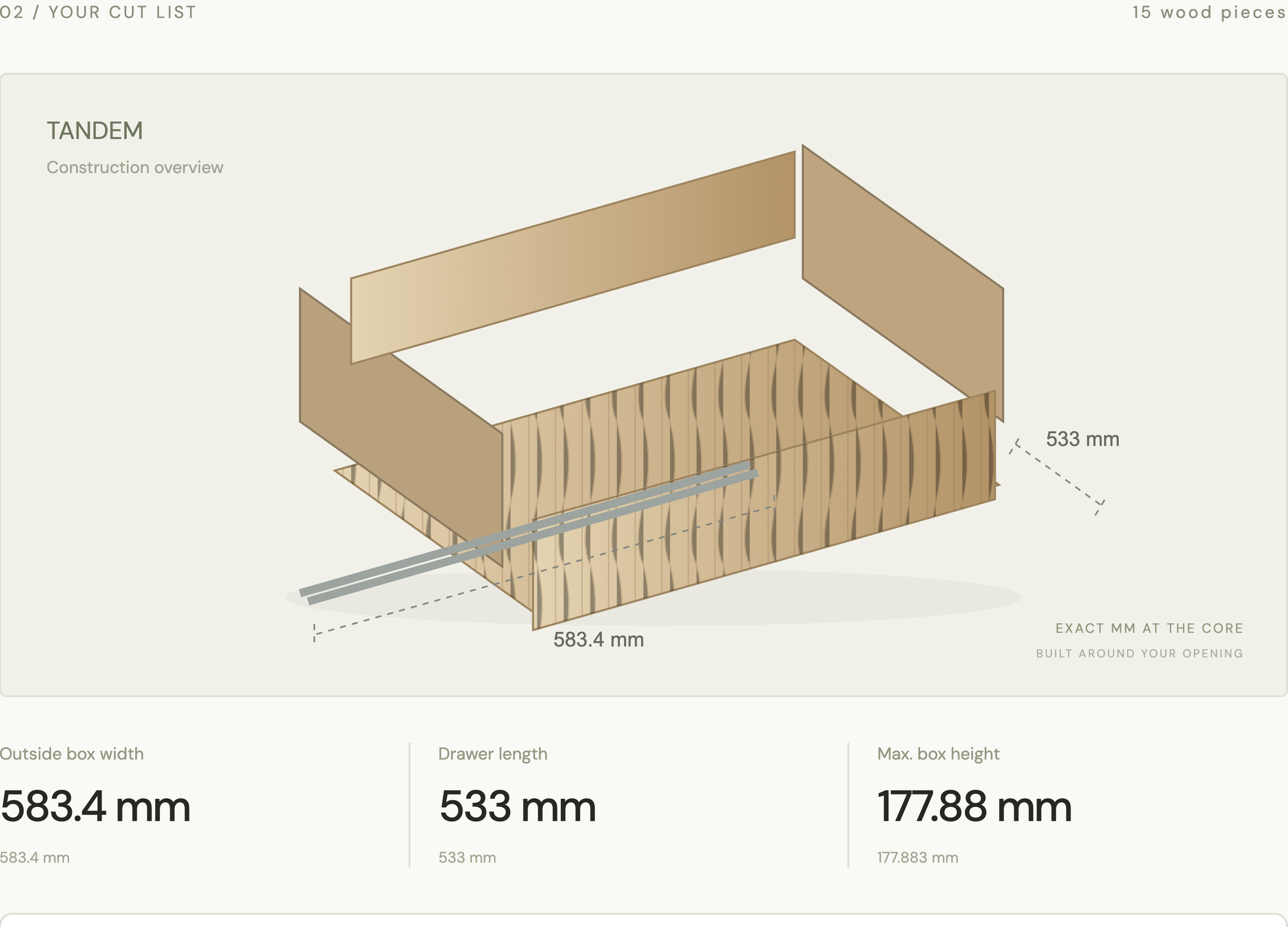 Actual drawer construction overview and calculated dimensions