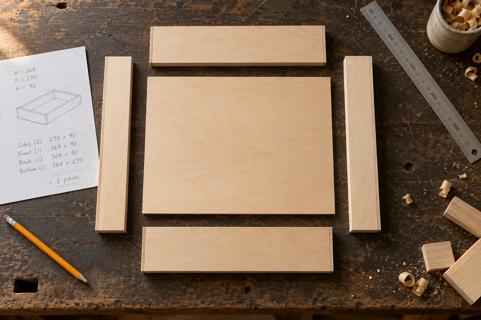 Five drawer pieces laid out beside pencil measurements and a metric ruler