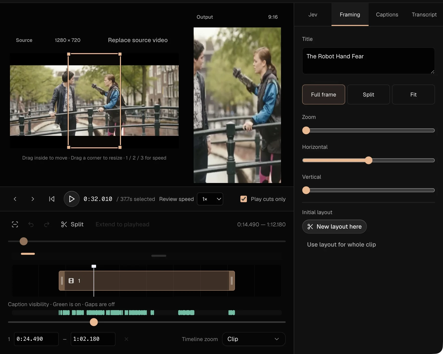 Clippr source crop beside the vertical preview, framing controls and caption timeline