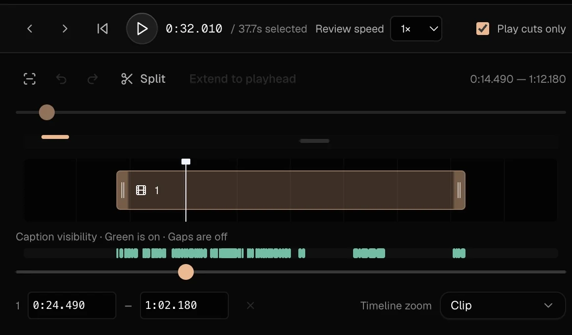 Clippr timeline with source timing and green caption intervals