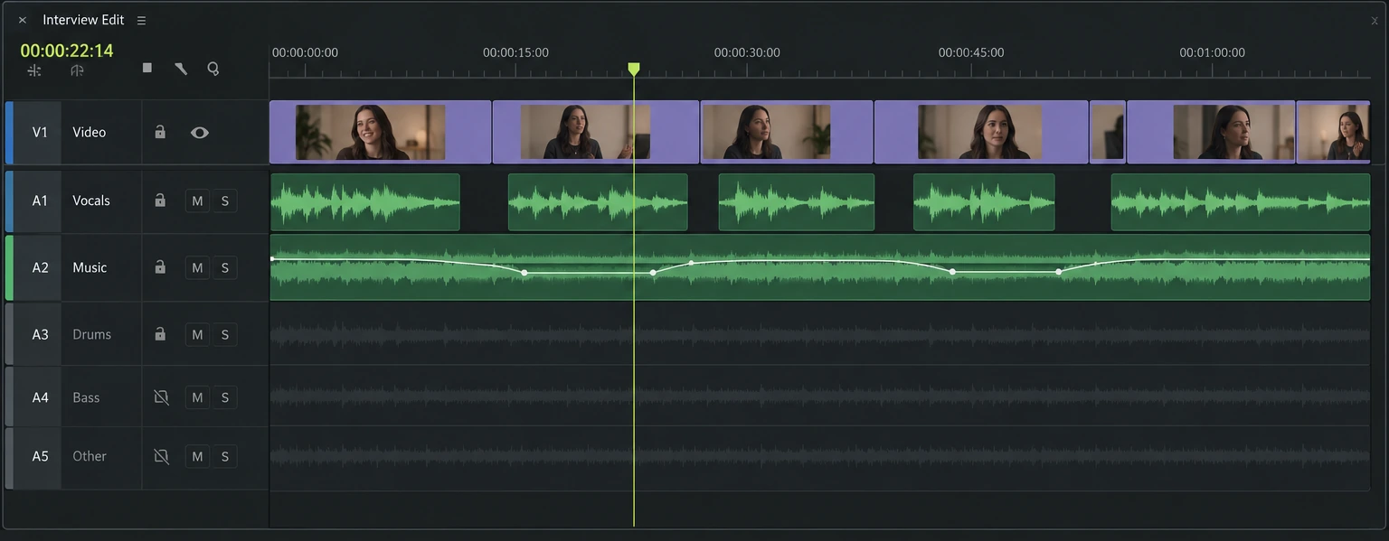 Premiere-style illustration of independently edited vocals and a quieter music bed