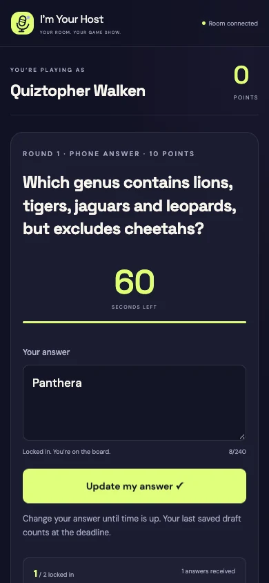 Player phone showing the same countdown and a submitted written answer