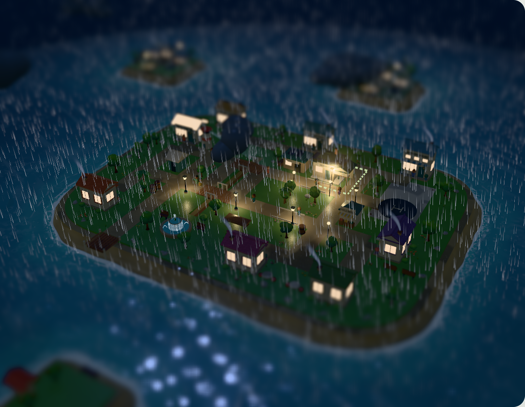 The island lit up at night in rainy weather